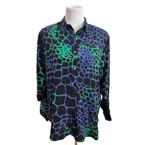 Vintage Women's Button Down Shirt Long Sleeve Silk Animal Print Blouse Size 14